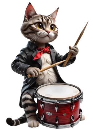 un chat vif joue du tambour rouge brillant