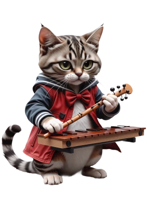 учёный кот в галстуке-бабочке играет на ксилофоне