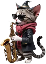 questo gatto cappellato suona un sassofono ammaliante