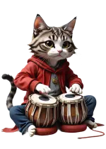 un gatto in una felpa rossa con cappuccio suona la tabla