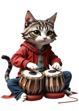 kırmızı kapüşonlu bir kedi tabla çalıyor