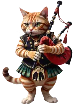 gatto in kilt suona le ancestrali cornamuse scozzesi