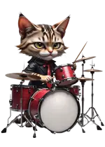 takım elbiseli bir kedi sert müzik davulları çalıyor