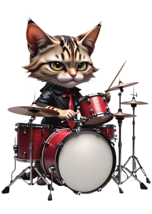 um gato de fato toca bateria de rock