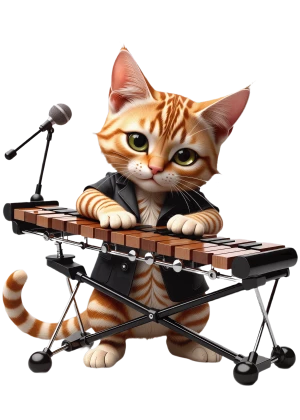 num colete aberto, o gato toca xilofone