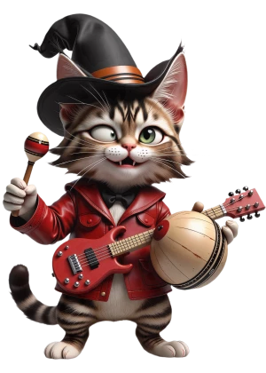 подмигивающий кот в шляпе ведьмы играет на маракасах
