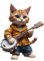 un gatto rosso con i pantaloni con i risvolti suona il banjo