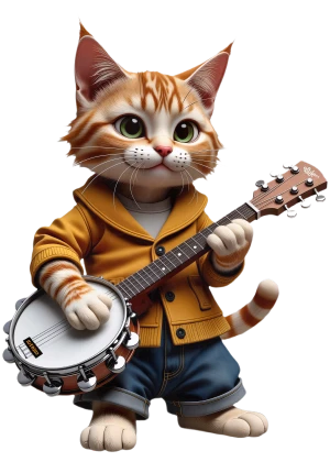 un gato pelirrojo con los vaqueros enrollados toca el banjo