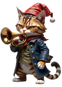 bir kedi oynuyor, devrimci bir borazan çalıyor