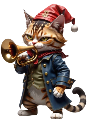un gatto gioca, suonando un corno rivoluzionario