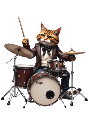 un gatto stoico suona la batteria con un ritmo in contrattempo accattivante
