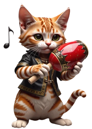 this cat plays maracas in a gold-trimmed jacket