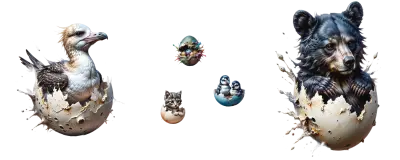 a fragmented hatch of assorted animals