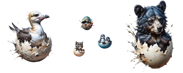a fragmented hatch of assorted animals