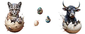 a hatch of animals with horn and claw