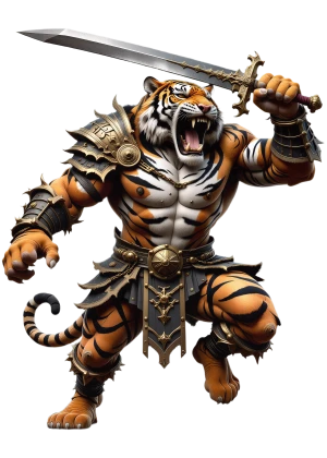o rugido furioso do tigre gladiador por baixo da sua lâmina