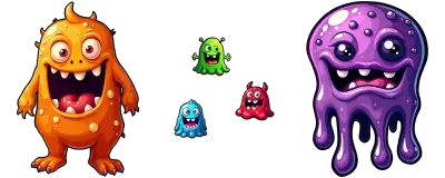 sprawled colored jelly monsters with a lively mid-group
