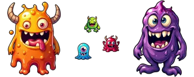bookending colored jelly monsters with a central trio
