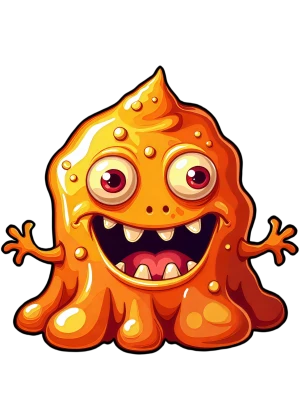 mostro di gelatina arancione, tutto sorrisi e occhi
